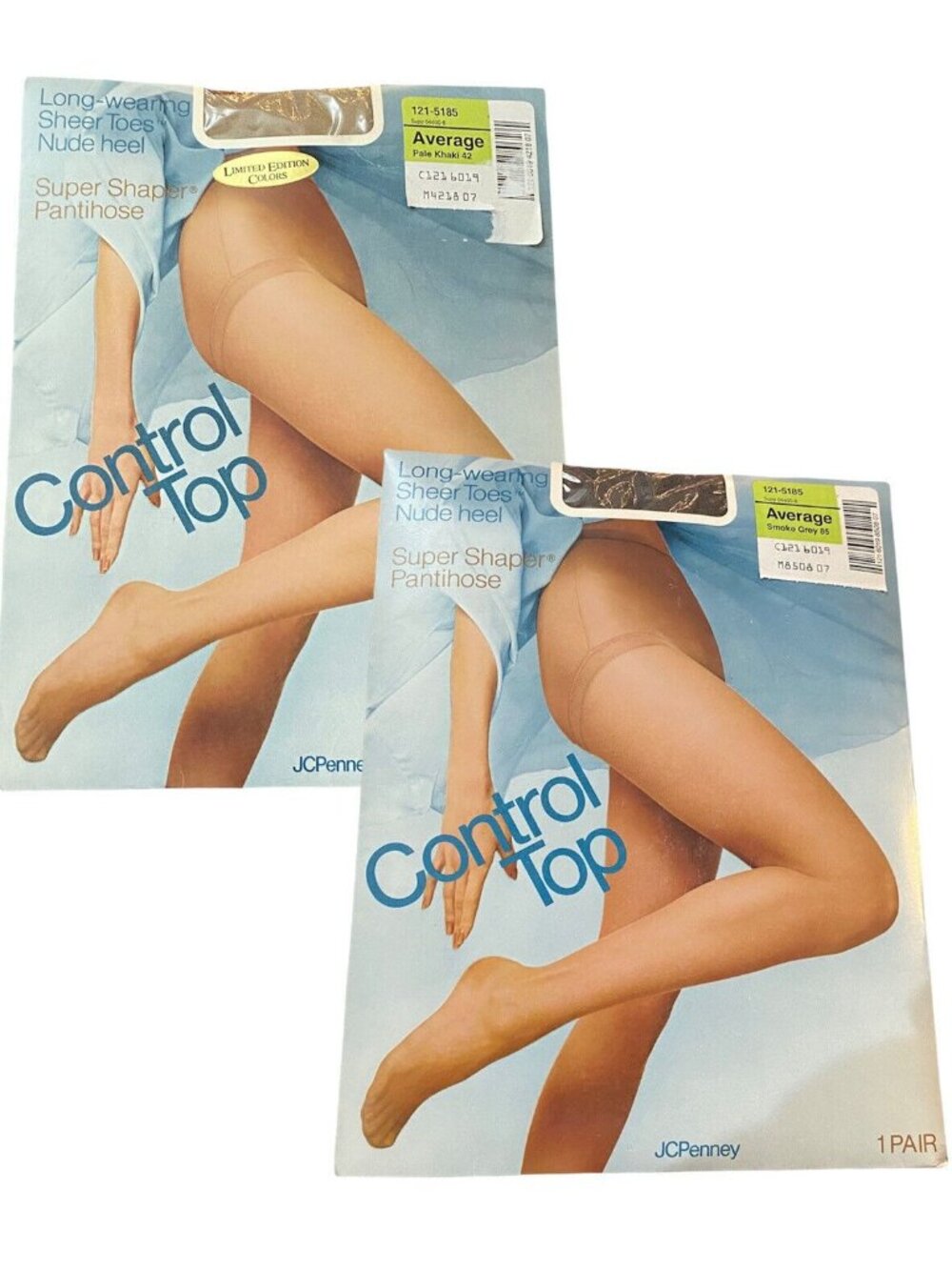 2 JCPenney Control Top Super Shaper Pantyhose Size Average Grey & Khaki Vintage